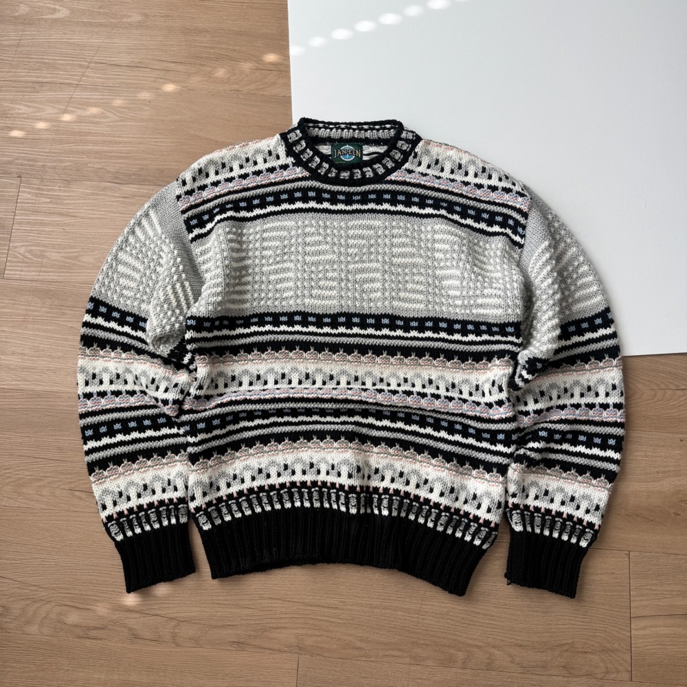Vintage Jantzen Fair Isle Crewneck Sweater Grey Black White Made in USA Large
